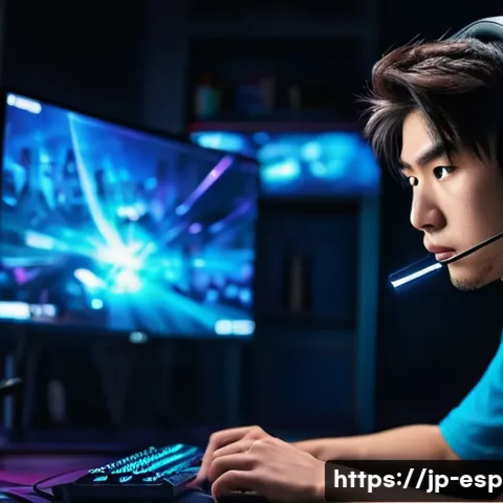 LOL 서버 안정화 문제 - A detailed digital illustration of a Japanese gamer playing League of Legends intensely during peak ...