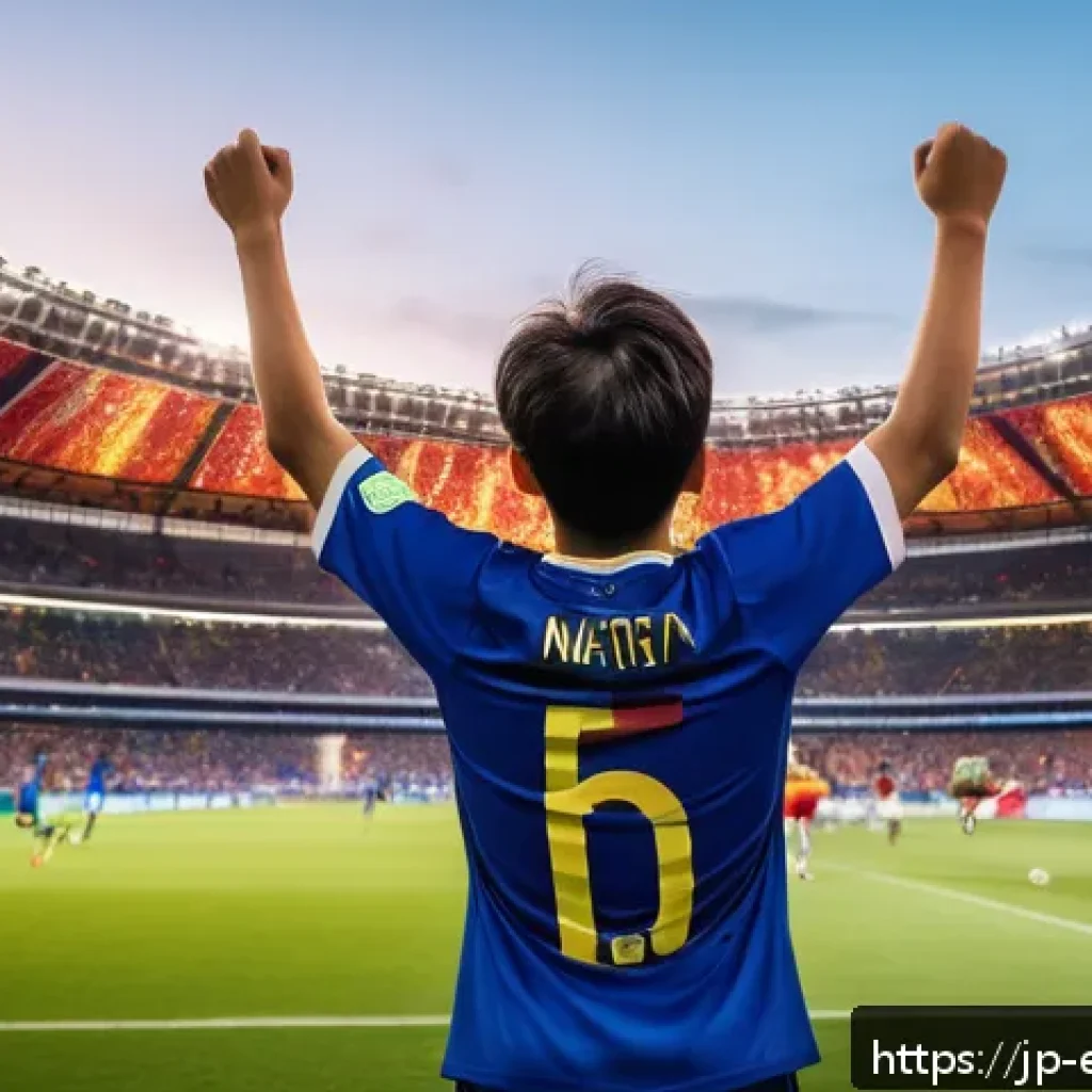 롤드컵 2022 하이라이트 - A dramatic soccer stadium scene capturing the final moments of a World Cup 2022 match, with a young ...