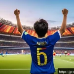 롤드컵 2022 하이라이트 - A dramatic soccer stadium scene capturing the final moments of a World Cup 2022 match, with a young ...