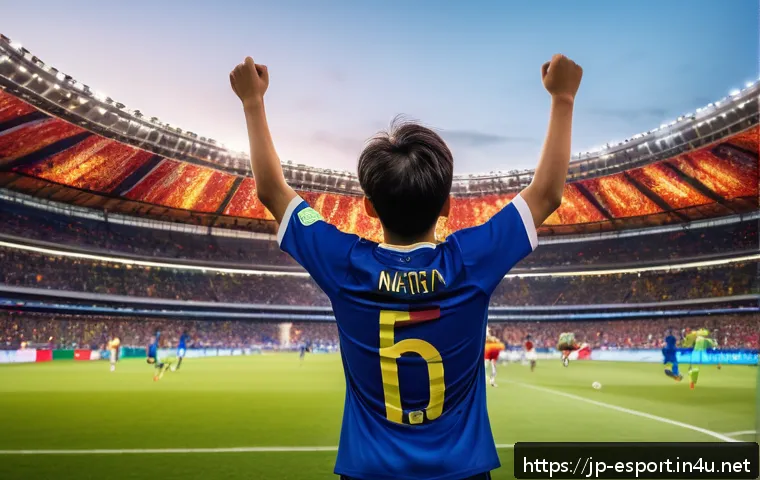 롤드컵 2022 하이라이트 - A dramatic soccer stadium scene capturing the final moments of a World Cup 2022 match, with a young ...