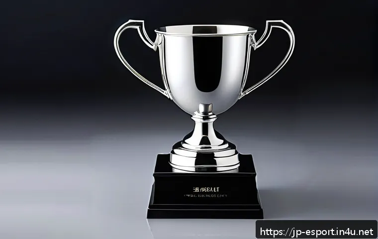 롤드컵 역대 트로피 디자인 - A sleek and elegant silver trophy cup symbolizing pure victory and glory, crafted from polished silv...