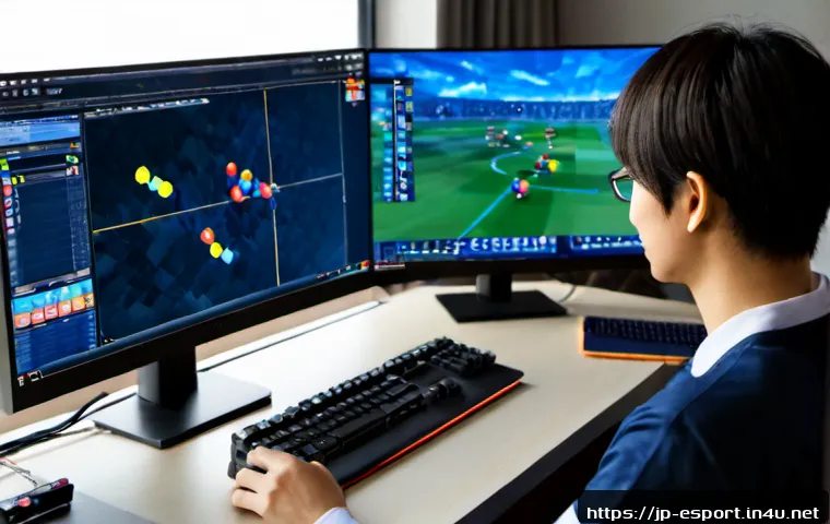 LOL e스포츠 분석 사이트 - Photorealistic Japanese esports analyst studying a multiplayer online battle arena match on a clean ...