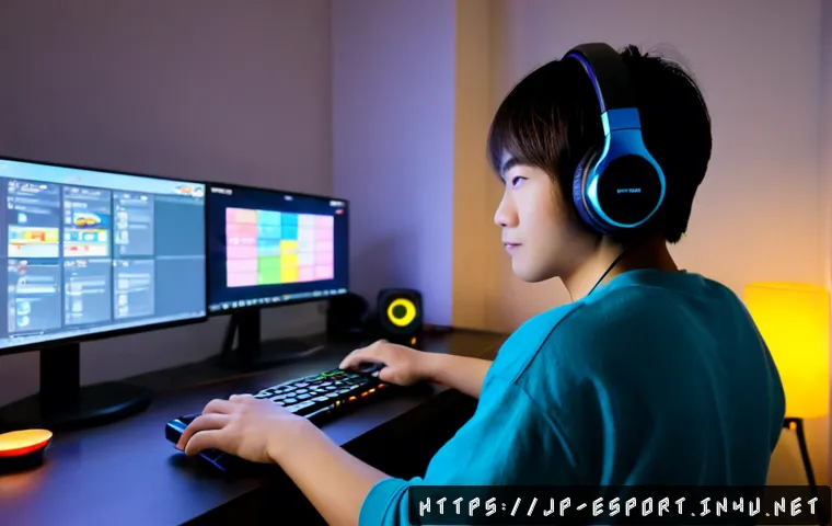 LOL 플레이리스트 추천 - Photorealistic cozy gaming desk scene in a modern Japanese apartment at night, young adult wearing h...