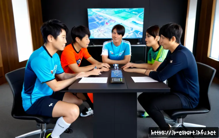 롤 프로 팀 스폰서십 사례 - Photorealistic esports sponsorship meeting in a modern Tokyo office, a diverse professional League o...