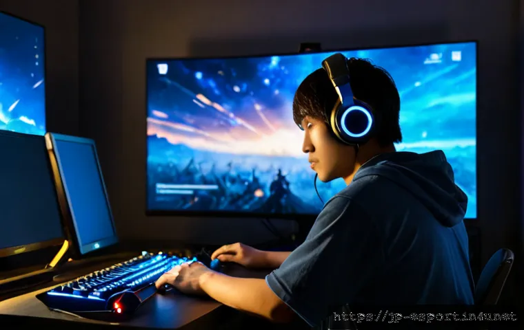 리그 오브 레전드 테마 음악 - Photorealistic cinematic gaming desk at night, a focused young Japanese gamer wearing headphones lis...